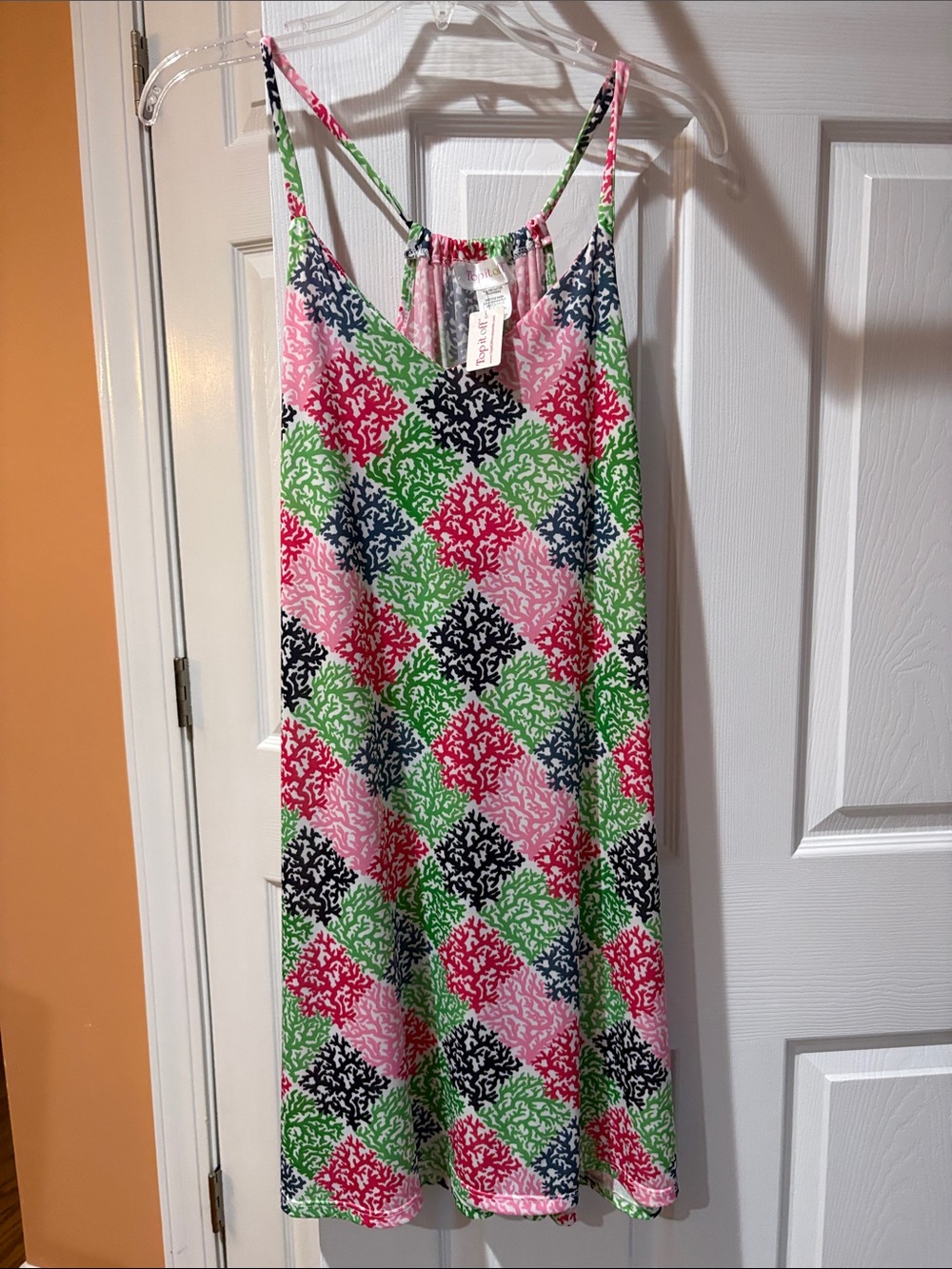 NWT- Women’s Sleeveless Diamond-Print Summer Dress - Pink & Green